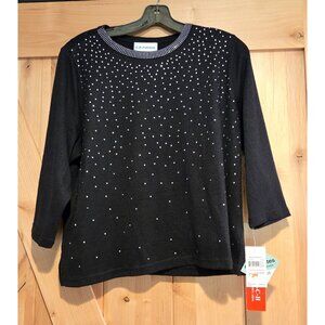 New! C. D. Petites Women XLP 3/4 Sleeve Black Rhinestone Knit Sweater Waterfall